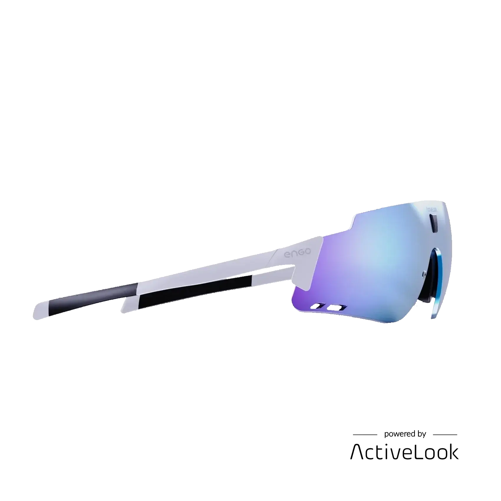 A pair of high-tech sunglasses with a sleek design featuring a reflective, augmented reality display, branded with "Engo" and powered by ActiveLook.