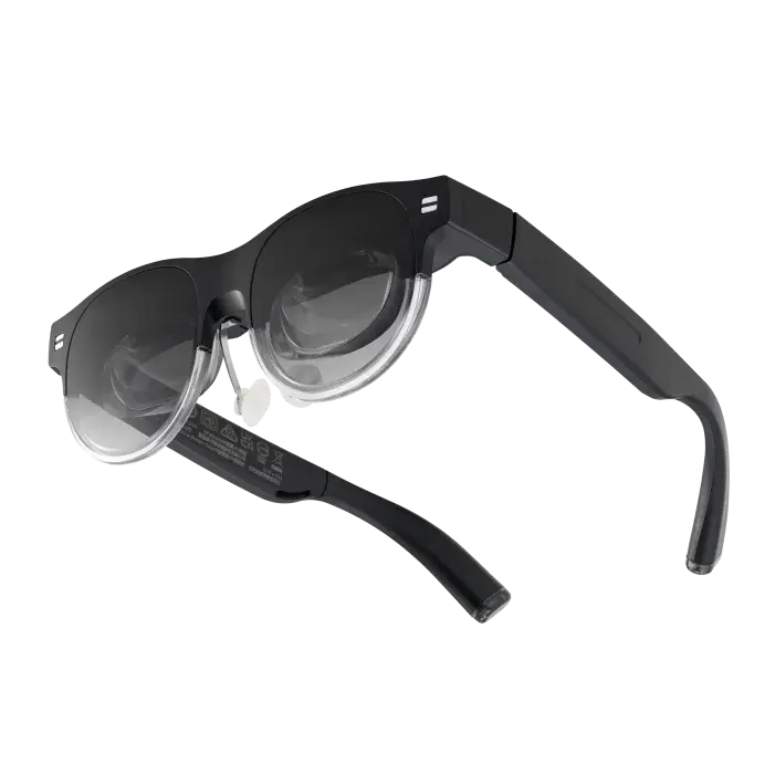A pair of black and gray ASUS AirVision M1 smart glasses with tinted lenses and a sleek, modern design.