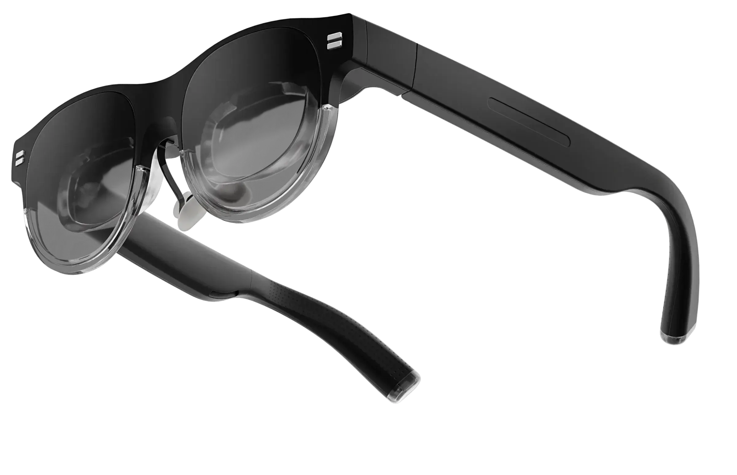 A pair of black augmented reality glasses with transparent lenses and a sleek, modern design, featuring a strap and embedded technology for virtual interactions.