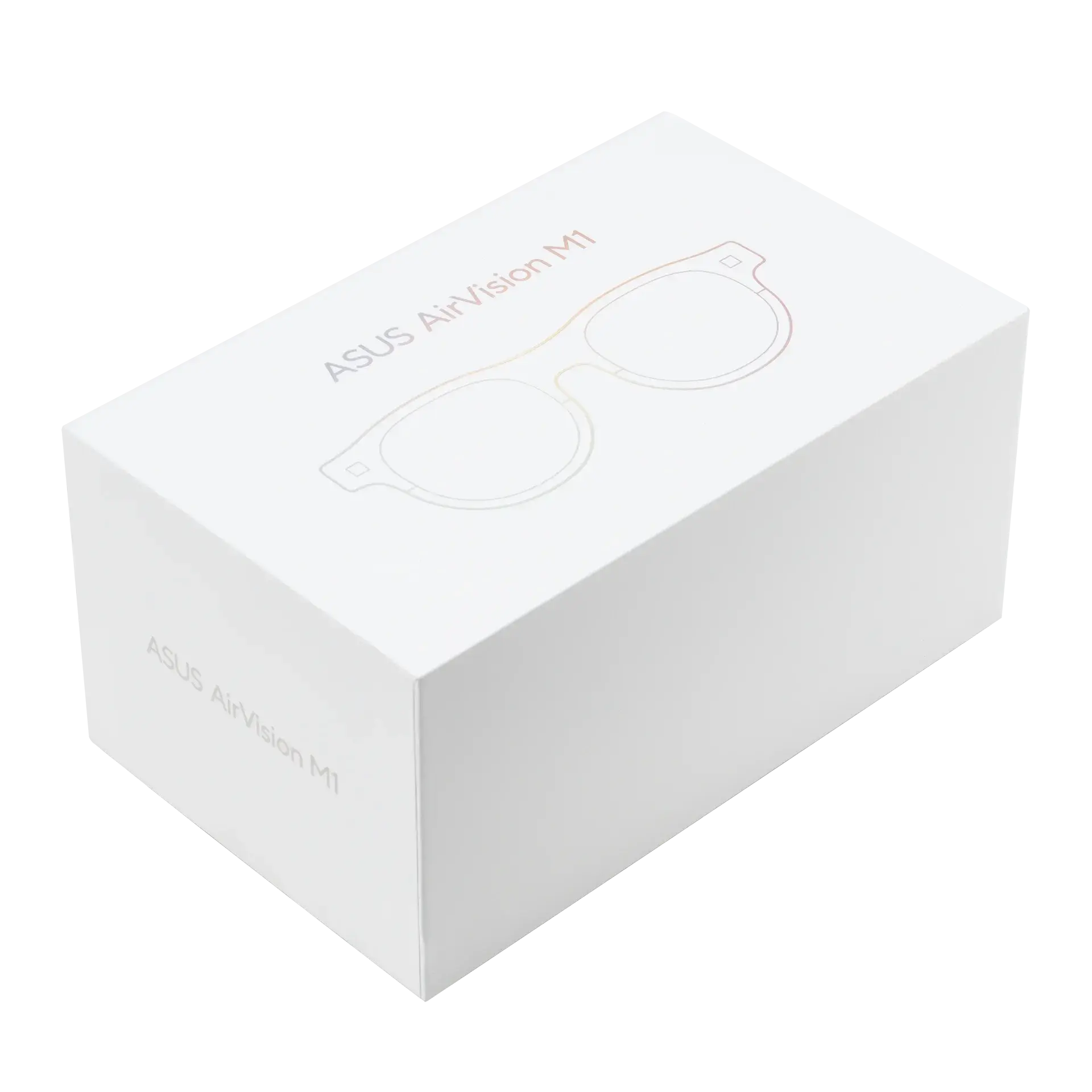 A white rectangular box featuring the text "ASUS AirVision M1" and a subtle outline of the glasses on the top surface.