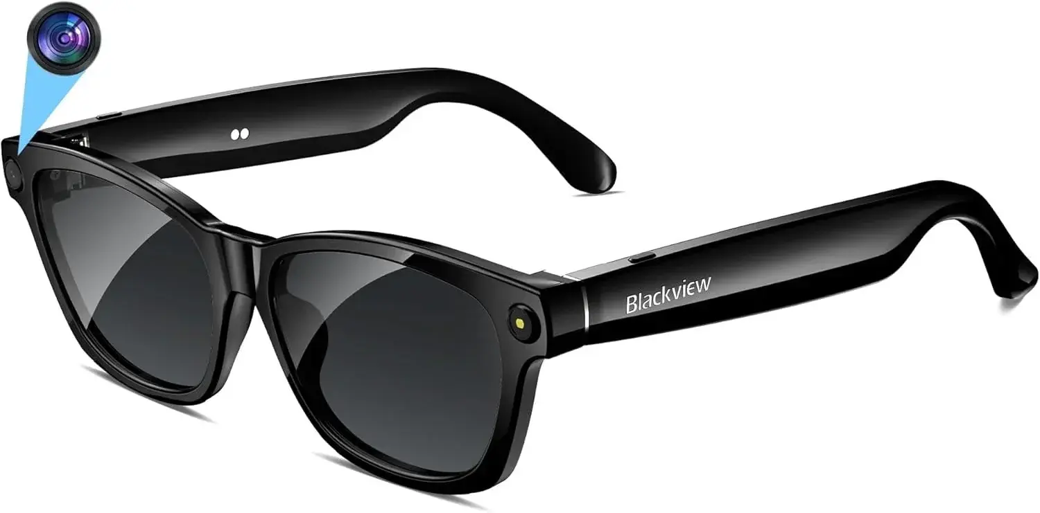 A pair of Blackview BV100 AI smart glasses with a built-in camera and sleek black design.