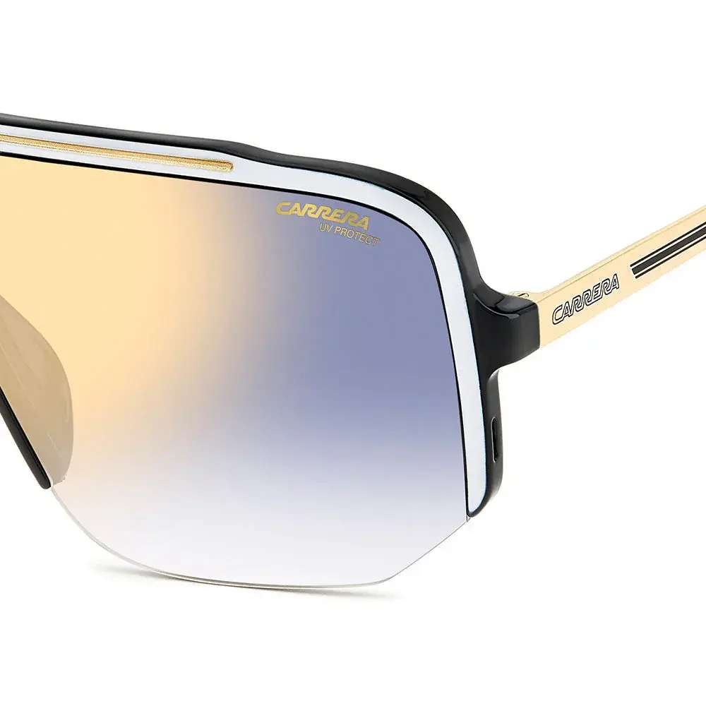 The image shows a close-up of Carrera Cruiser sunglasses with a white and black frame, featuring reflective lenses with a gold tint and the Carrera branding on the temple and lens.