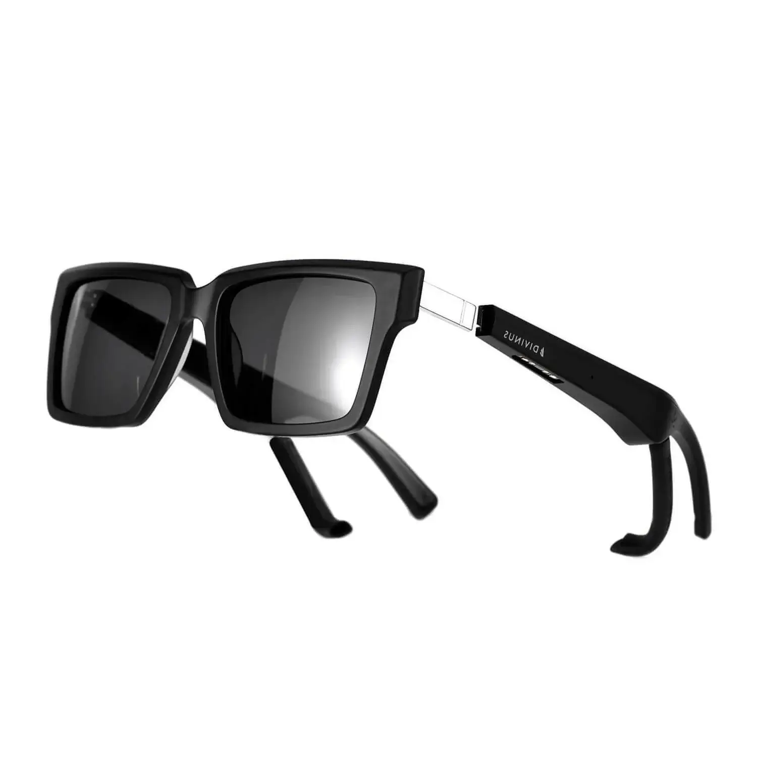 A pair of black sunglasses with a built-in digital display or smart features, labeled "Divinus" on the arm, are shown against a white background.