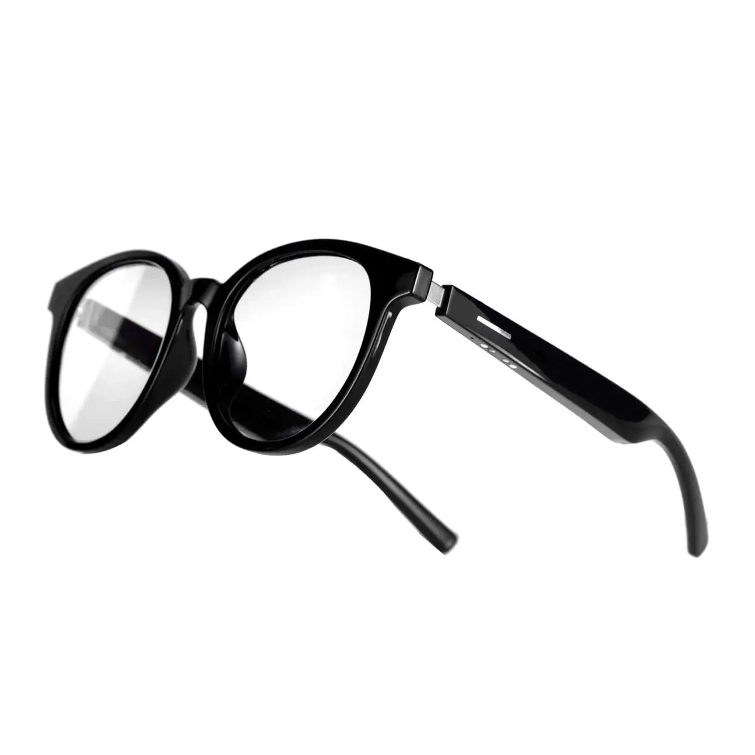 A pair of black smart glasses with integrated technology, possibly related to the Divinus GT05 product line, featuring a sleek design with a built-in display or sensors on the side.