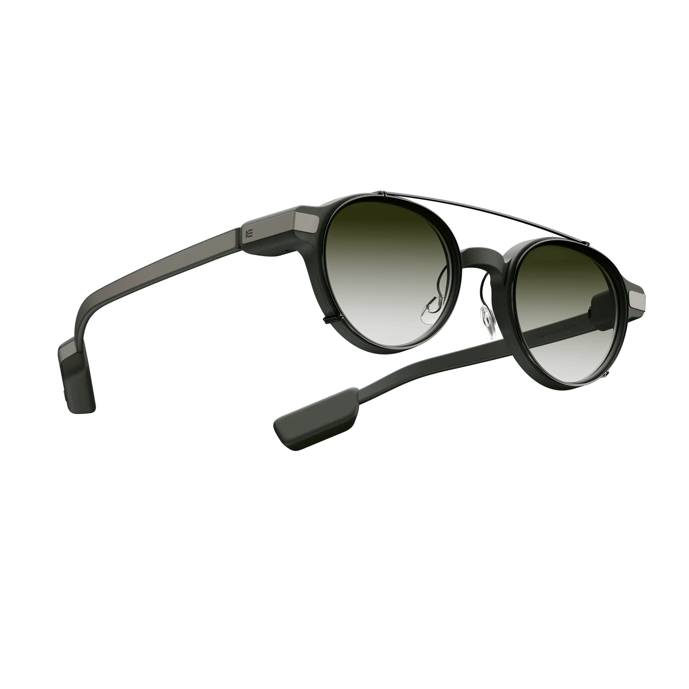 A pair of sleek, modern sunglasses with a dark frame and tinted lenses, likely designed for augmented or virtual reality experiences.