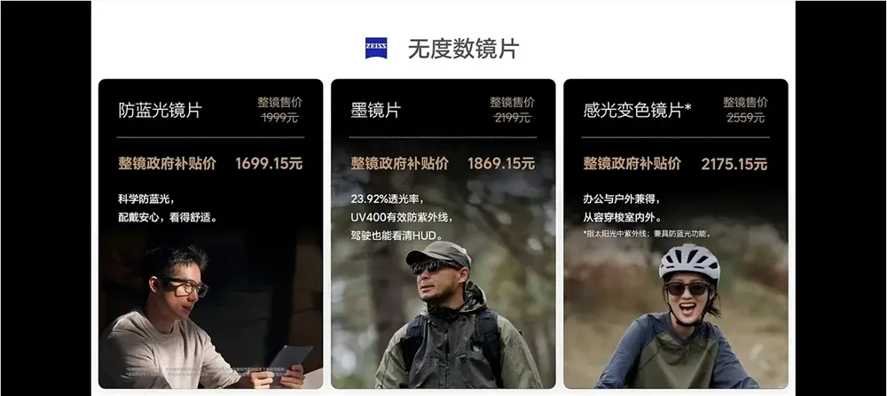 The image displays a comparison of three types of smart glasses from iFlytek, including blue light blocking, black, and color-changing lenses, each with their original and discounted prices, accompanied by images of people wearing the respective glasses and brief descriptions of their features.