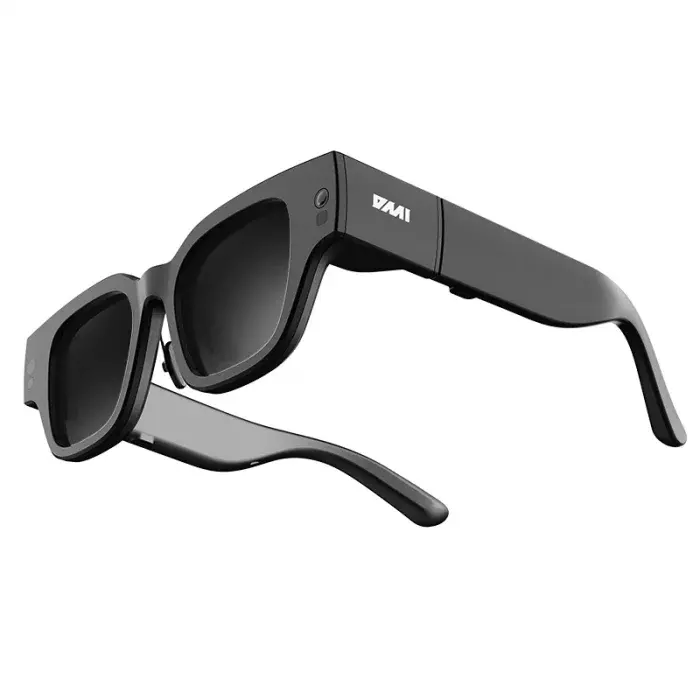A pair of black smart glasses with integrated sunglasses and a sleek design, featuring the INMO logo on the side.