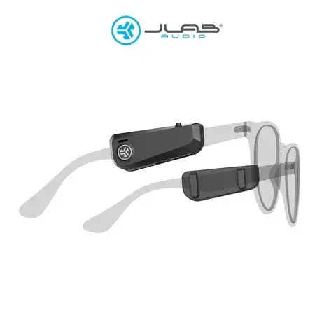 The image shows a pair of JLab JBuds Frames wireless audio glasses with attached ear speakers and a compact black control module.
