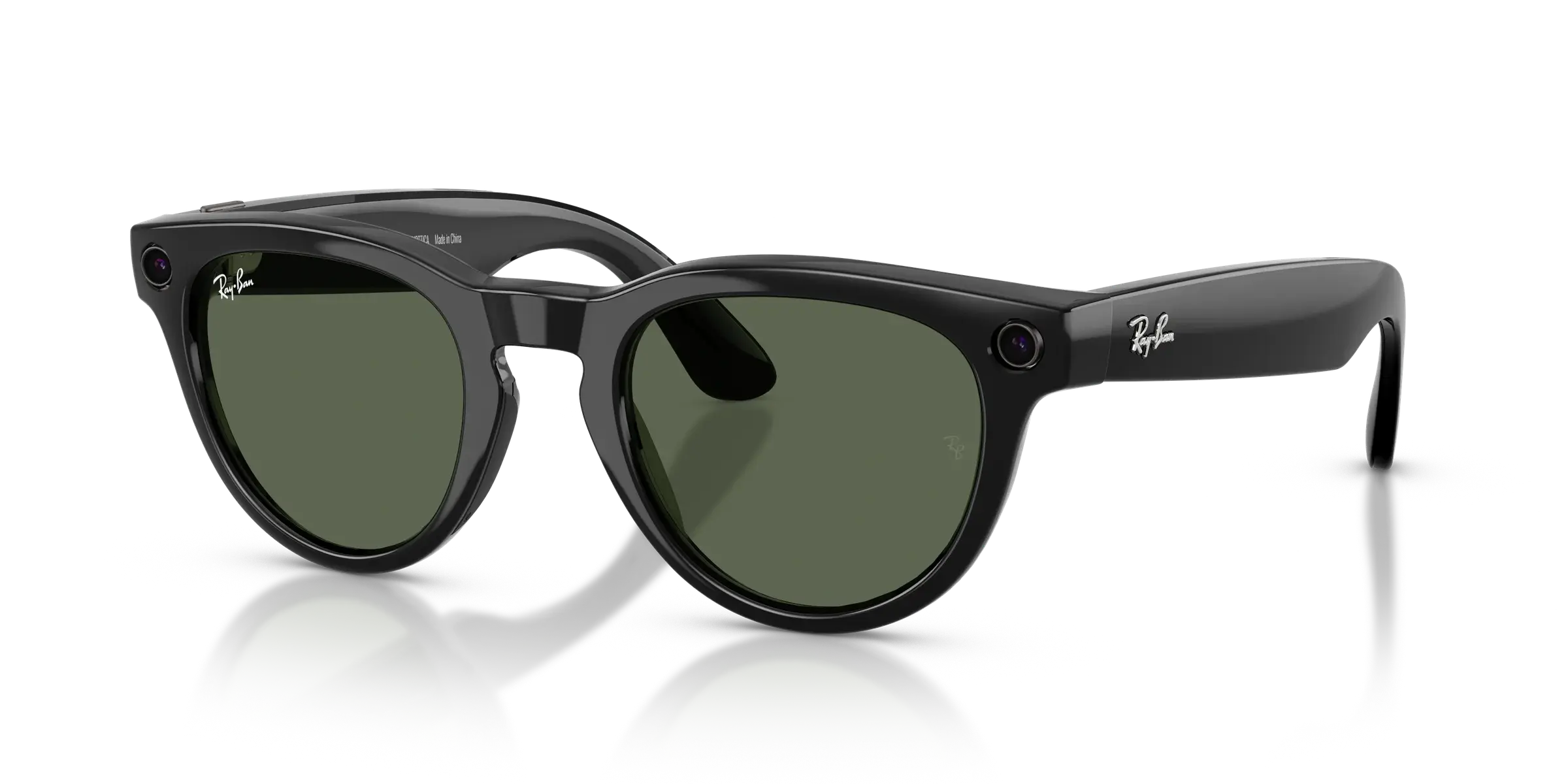 The image features a pair of black Ray-Ban sunglasses with green lenses, equipped with the Meta Headliner (Gen 2) camera system embedded in the upper corner of each temple arm.