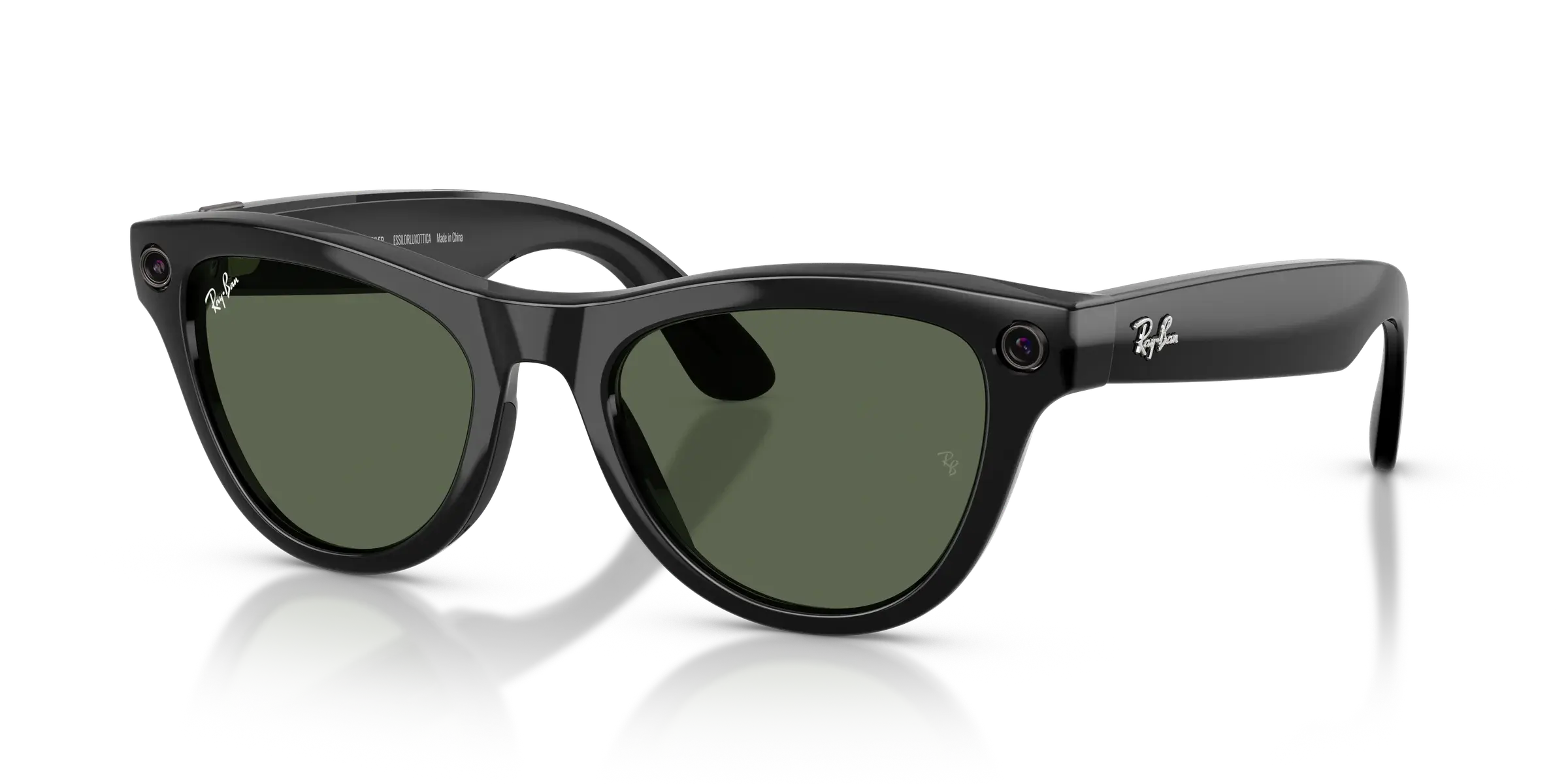 A pair of black Ray-Ban Meta Skyler (Gen 2) sunglasses with built-in cameras on the temples and green-tinted lenses.