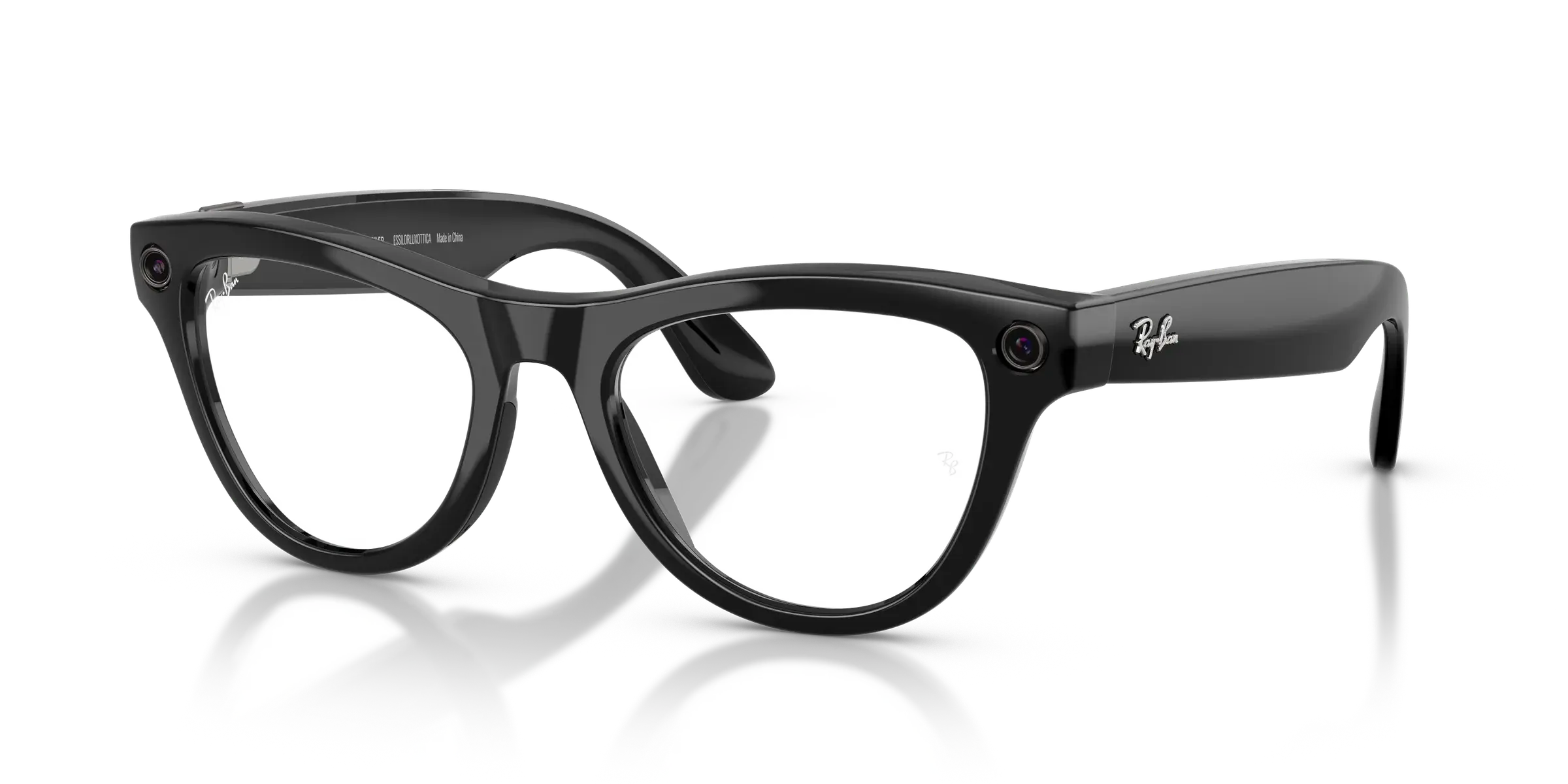 A pair of black Ray-Ban Meta Skyler (Gen 2) smart glasses with cameras on the front, set against a black background.