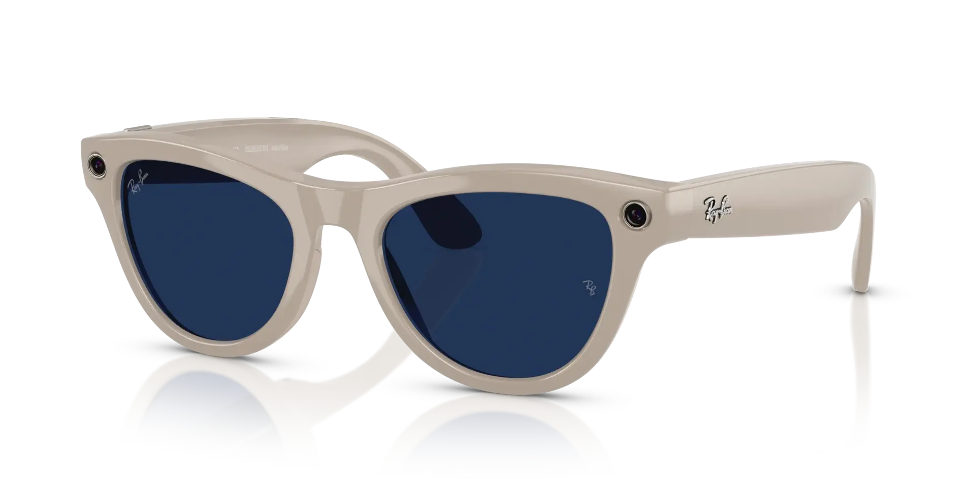 The image shows a pair of Ray-Ban Meta Skyler (Gen 2) sunglasses with beige frames and dark blue lenses.