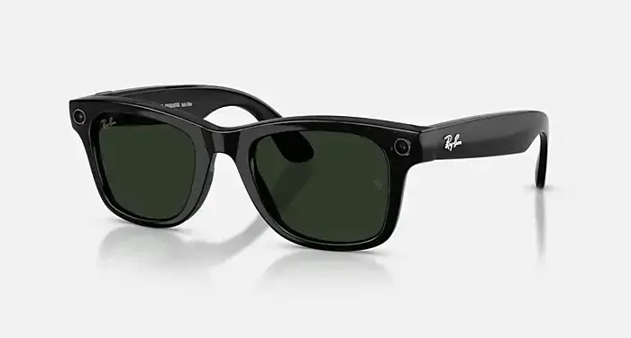 A pair of black Ray-Ban Meta Wayfarer (Gen 2) smart glasses with built-in cameras on the front and the Ray-Ban logo on the temples.