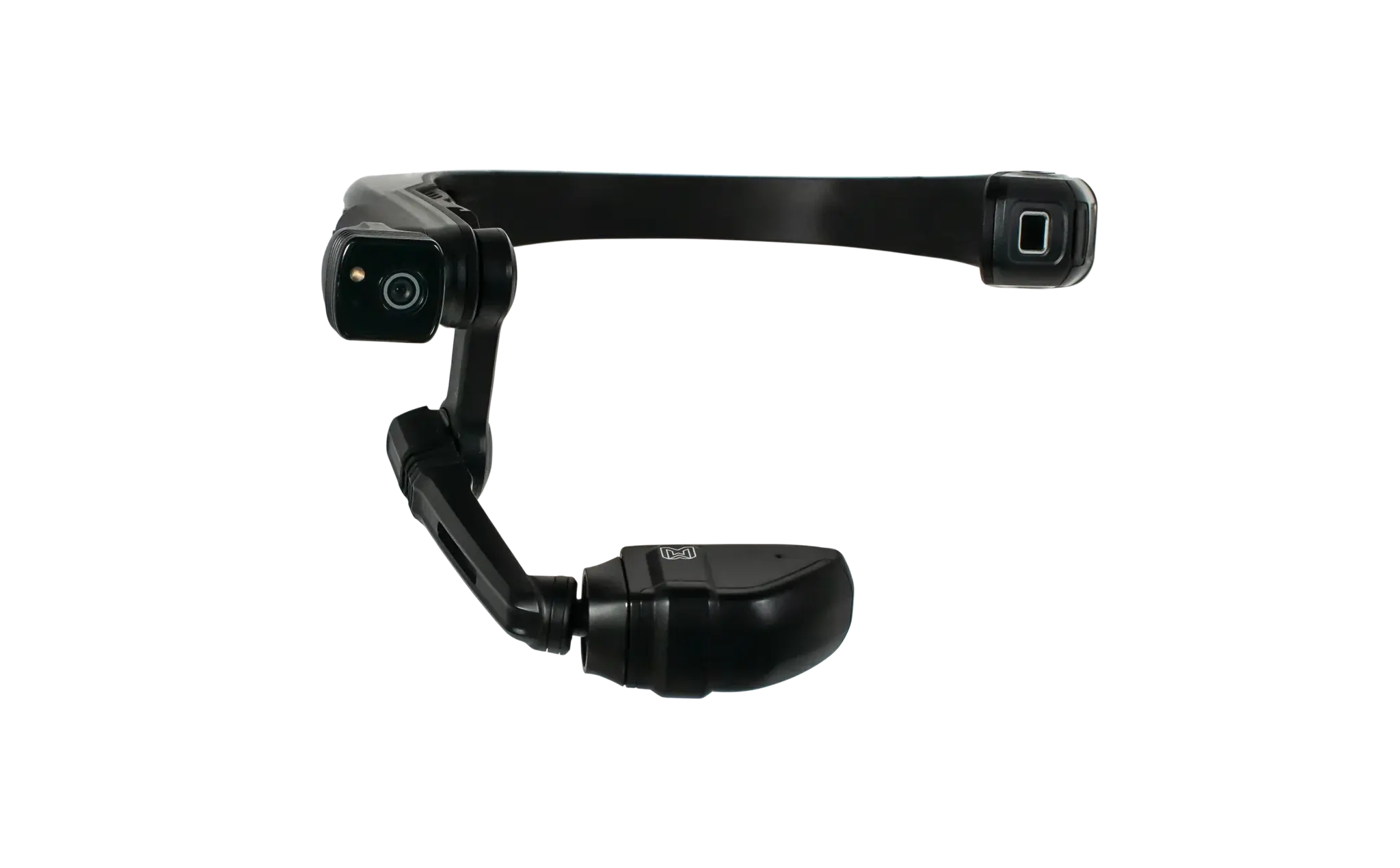A black wearable device with a camera and a curved arm, likely the RealWear Navigator 520, designed for hands-free use in industrial or technical environments.