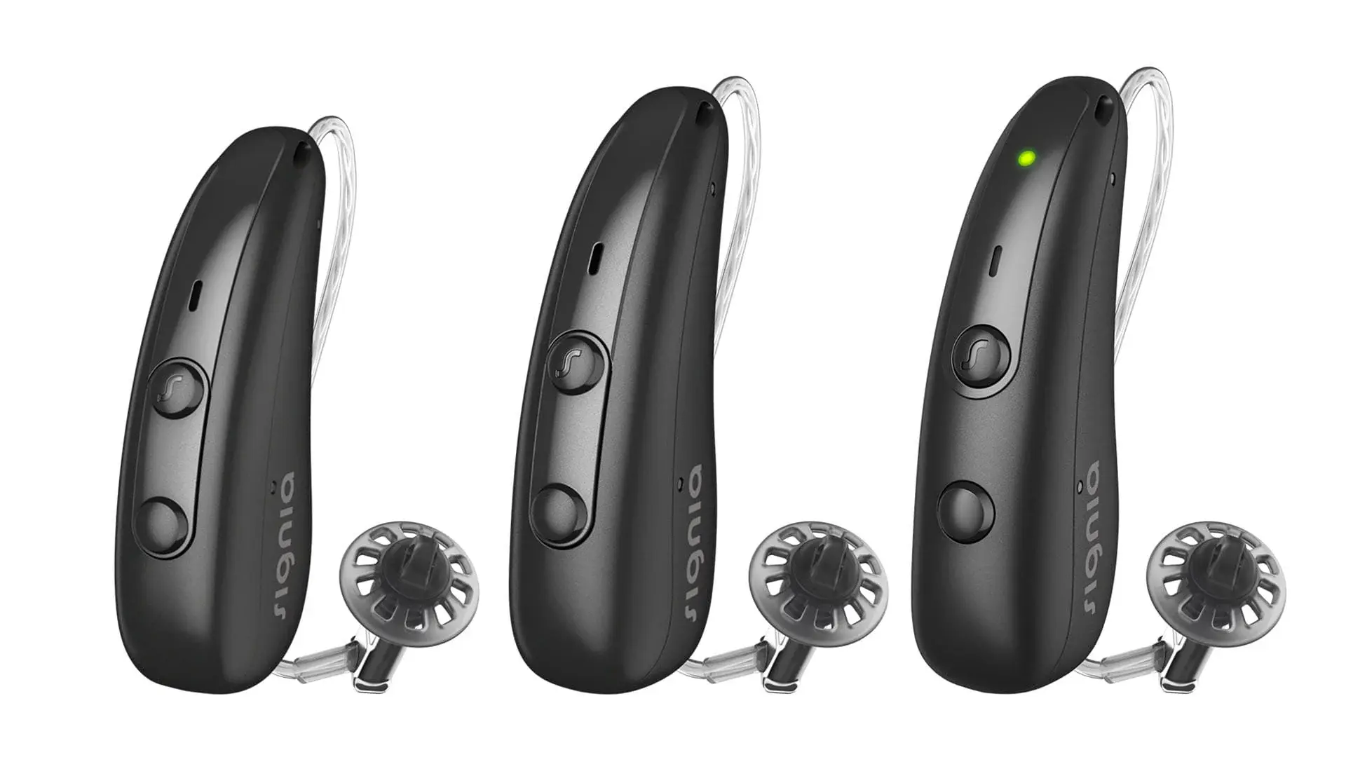 Signia Pure Charge&Go 7IX hearing aid — hero (family lineup, Black with LED)