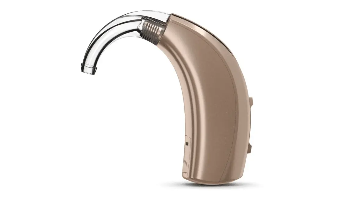 Starkey Evolv AI 2400 BTE 13 Power Plus hearing aid — official Starkey product photo (Beige)