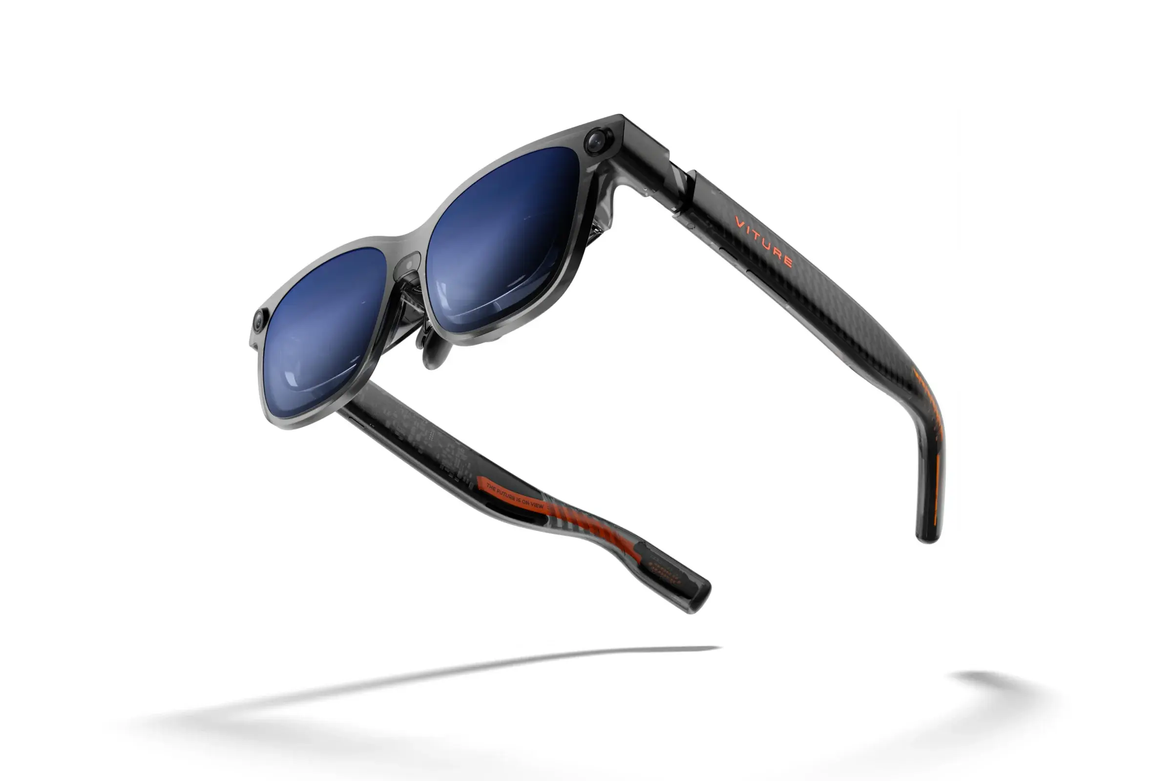 A pair of high-tech sunglasses called Viture Beast with a sleek design, blue tinted lenses, and a carbon fiber-like frame featuring orange accents and branding.