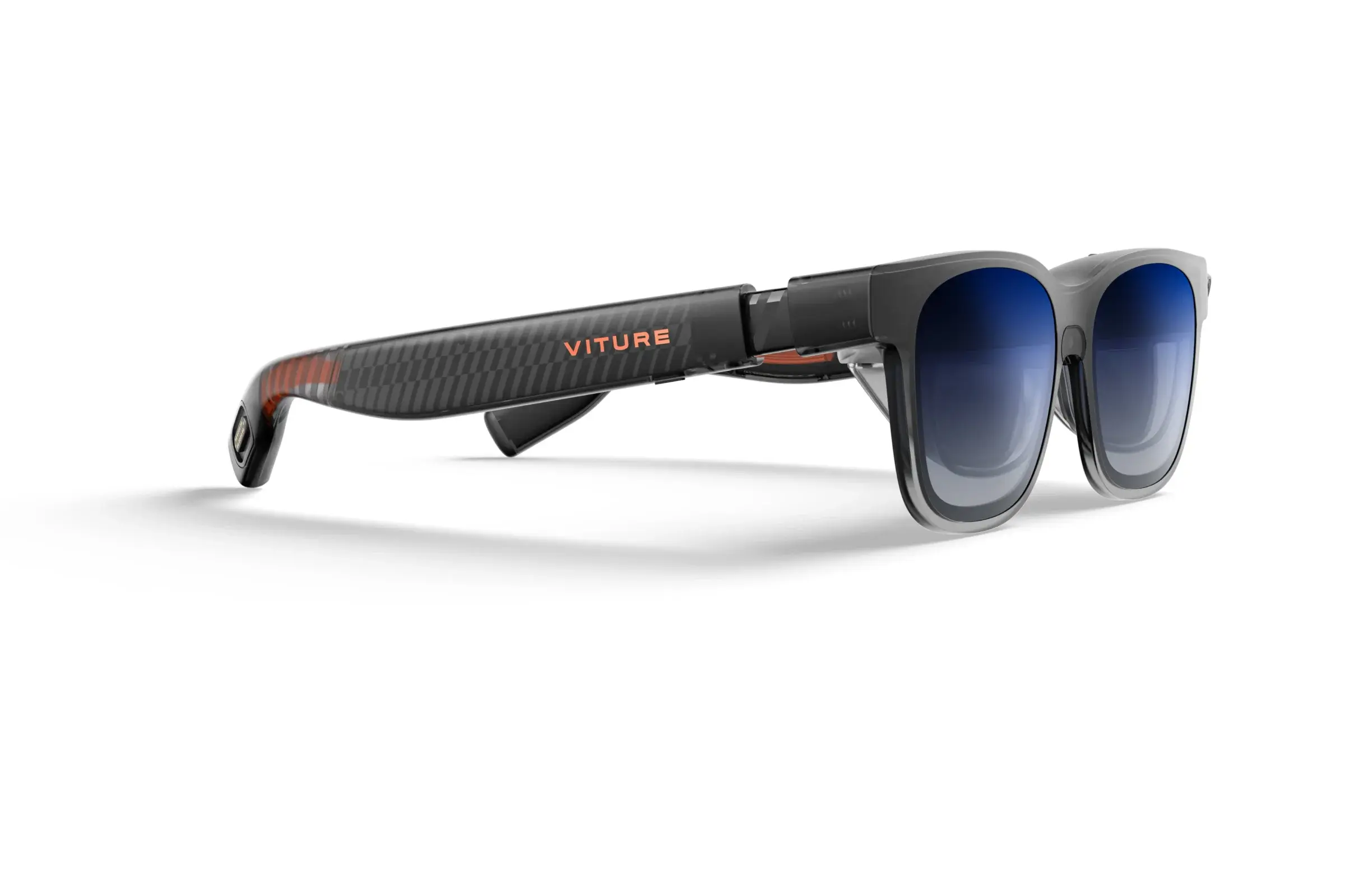 Viture Luma smart glasses with a sleek black frame and tinted lenses, featuring "Viture" branding on the side.