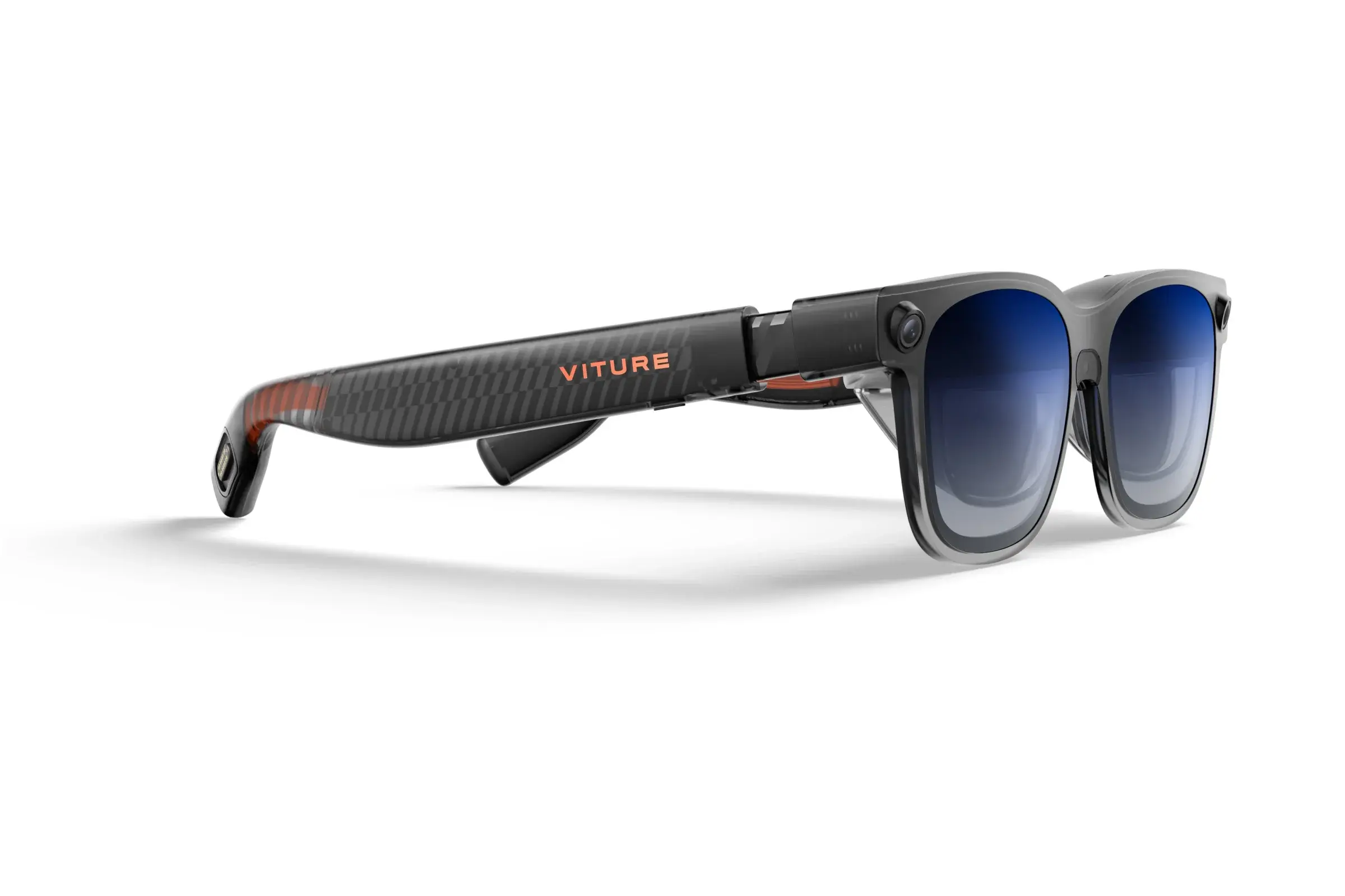 The image features a pair of high-tech Viture Luma Ultra smart glasses with a sleek black frame, tinted lenses, and a camera embedded on the side arm.