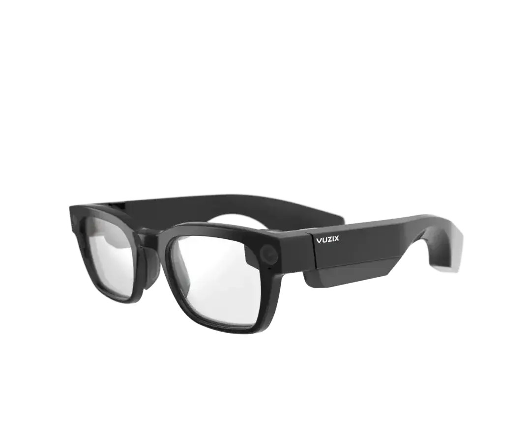 The Vuzix Shield augmented reality smart glasses with a sleek black frame and reflective lenses are prominently displayed in the image.